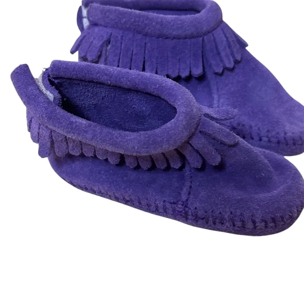 Minnetonka Infant Suede Fringe Moccasins Booties Shoes Girl Purple 3